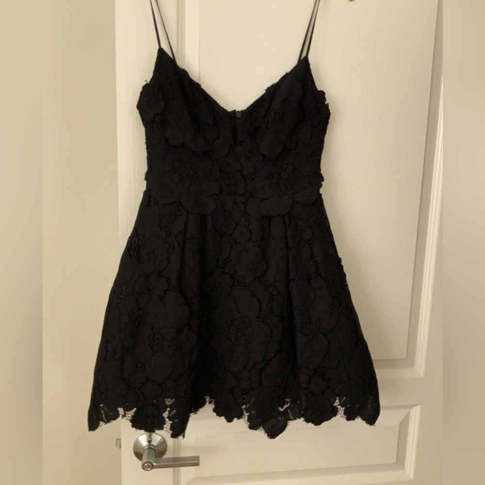NBD black floral appliqué fit and flare dress